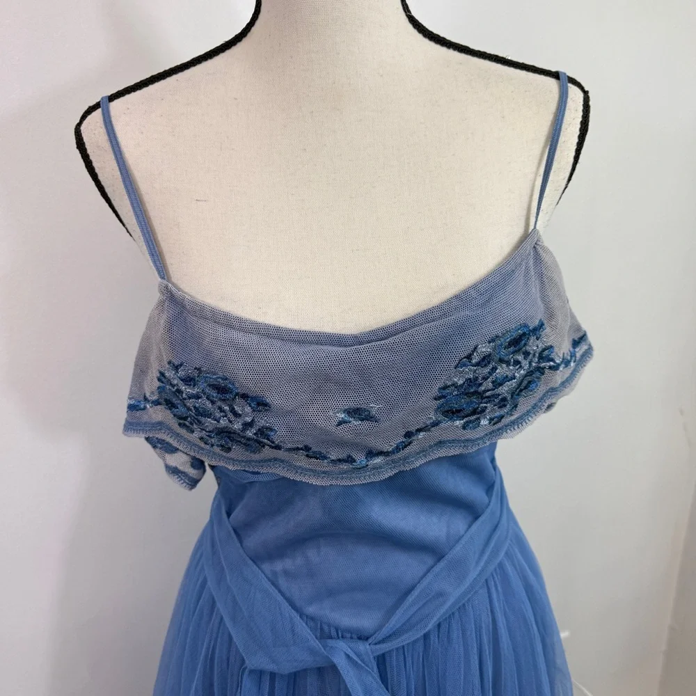 LoveShackFancy Avianna Dusty Blue Embroidered Tulle Maxi Dress